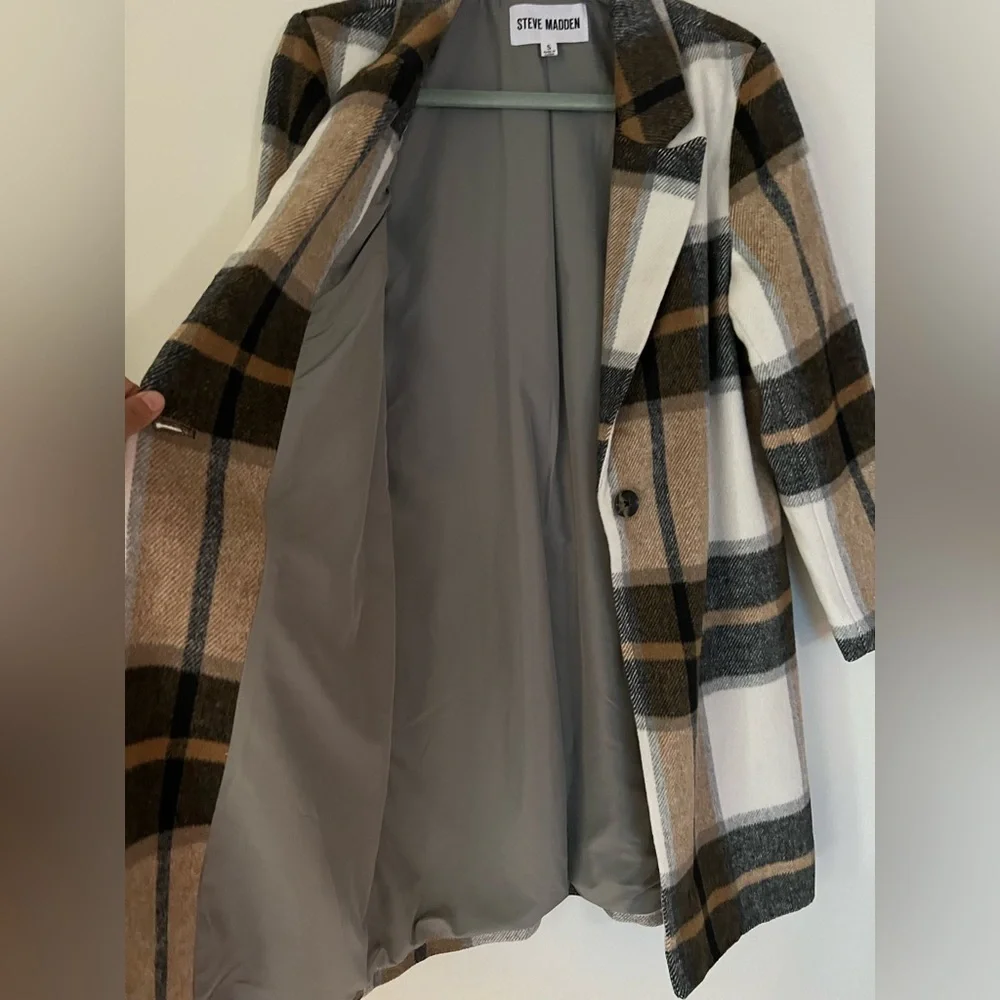 Steve Madden Cher Ivory Plaid Brushed Coat Wool Blend size S NWOT